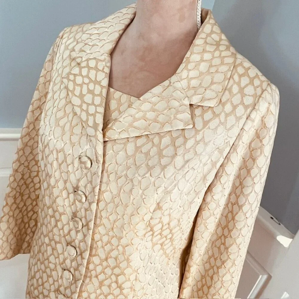 Lillie Rubin Vintage Jacket Dress Set Champagne Brocade 2-Piece Suit Small - Picture 3 of 14